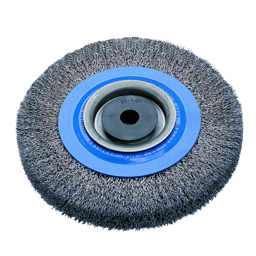 Brosse à roue d'établi avec fils sertis, 6 po x 1/2 à 1-1/4 po x 7/8 po, fil : 0,0118 po en acier inoxydable