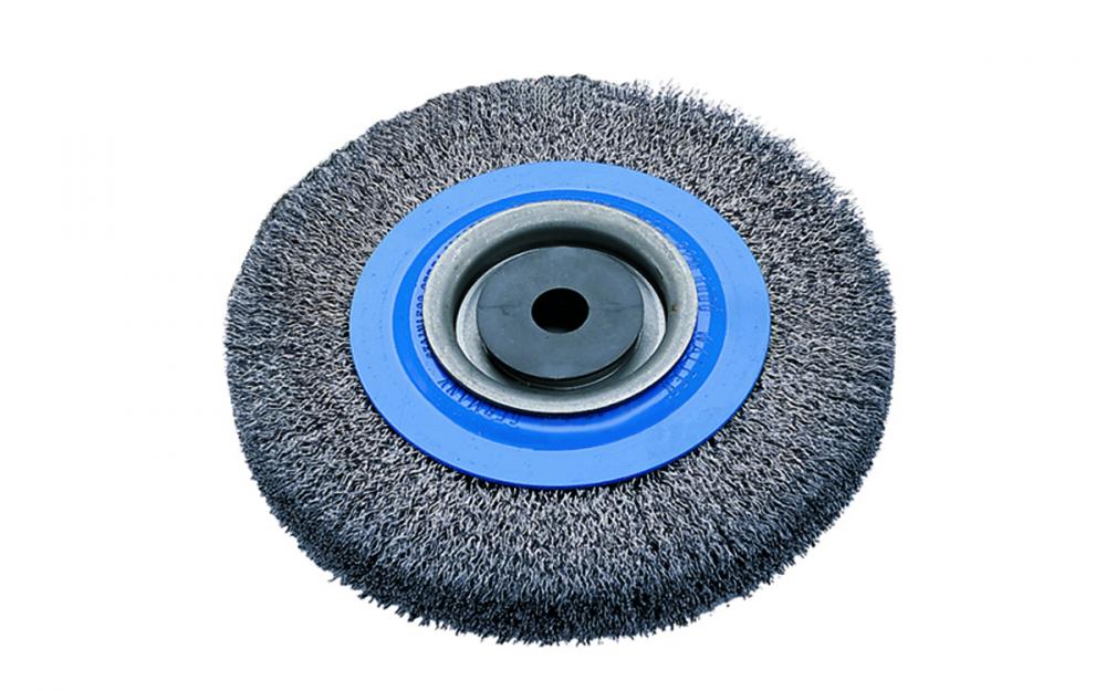 Brosse à roue d'établi avec fils sertis, 6 po x 1/2 à 1-1/4 po x 3/4 po, fil : 0,0118 po en acier inoxydable