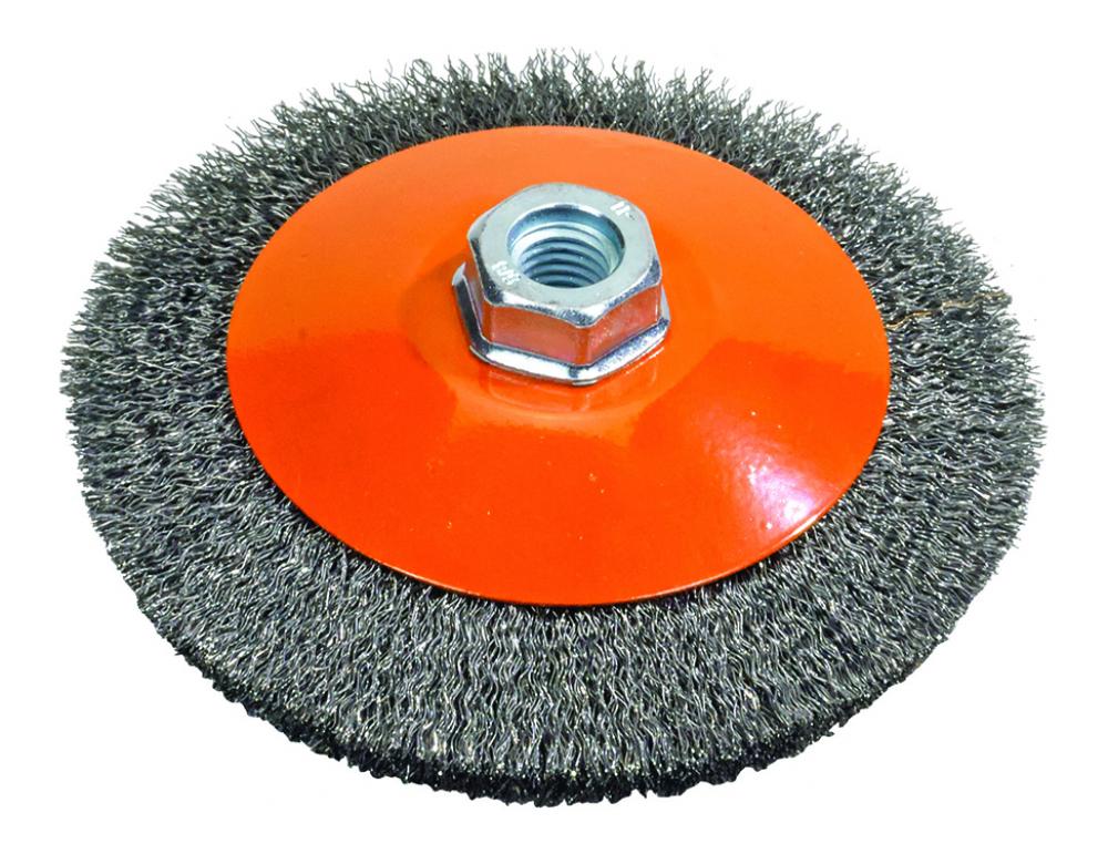 Brosse à soucoupe avec fils sertis, 6 po x 5/8-11 po, fil : 0,012 po serti