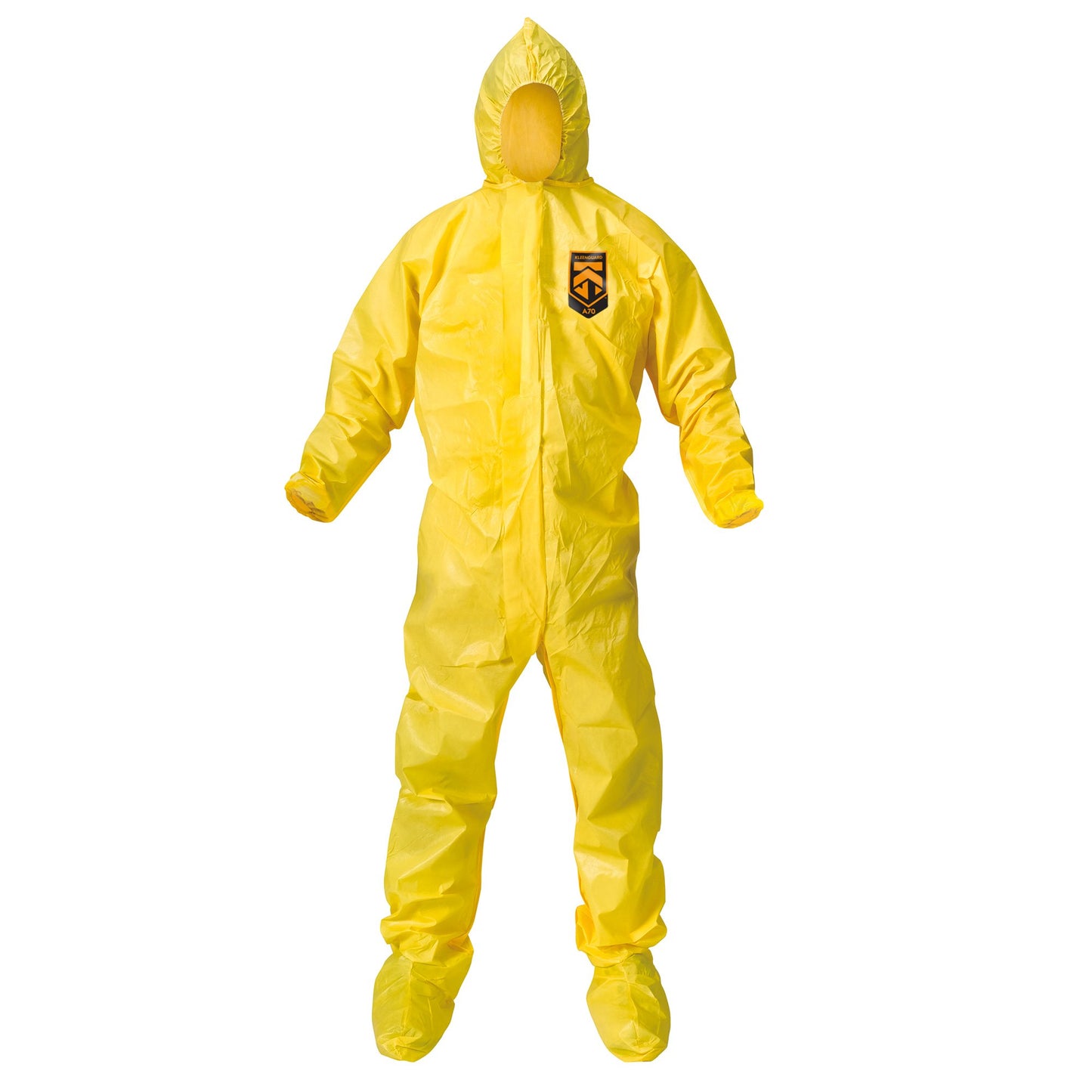 KleenGuard™ A70 Chemical Spray Protection Coveralls (09814), Zipper Front, Storm Flap, Elastic Wrists, Ankles & Hood, Yellow, Reflex Design, XL (Qty 12)