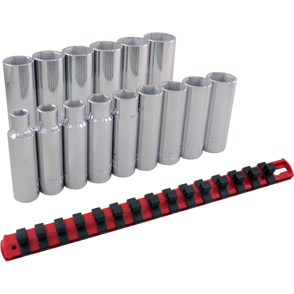 1/2" Drive 6-Point Deep Socket Set, 15 Pieces