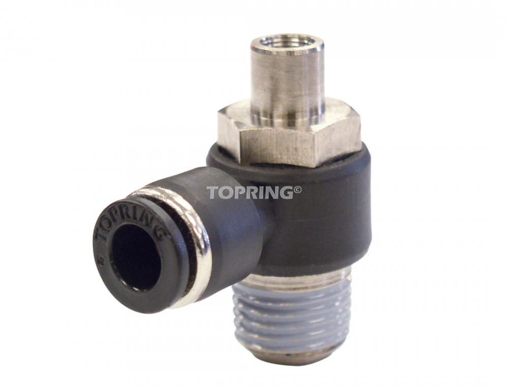 Régulateur de débit adaptateur en coude autobloquant 3/8 po à 3/8 (M) NPT, PBT, modèle Maxfit