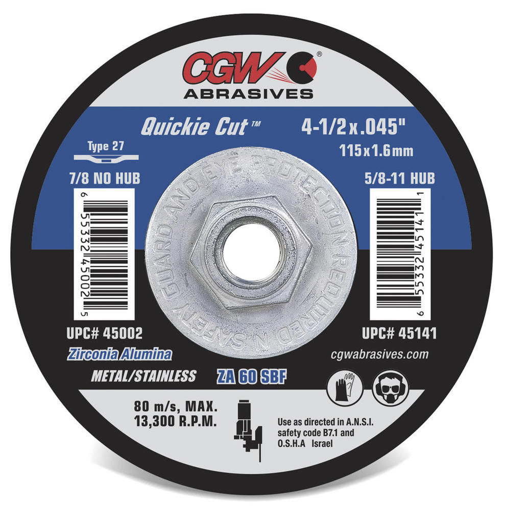 Quickie Cut Abrasive Disk, T27 ZA60-S-BF, 4 1/2 X .045 X 7/8in