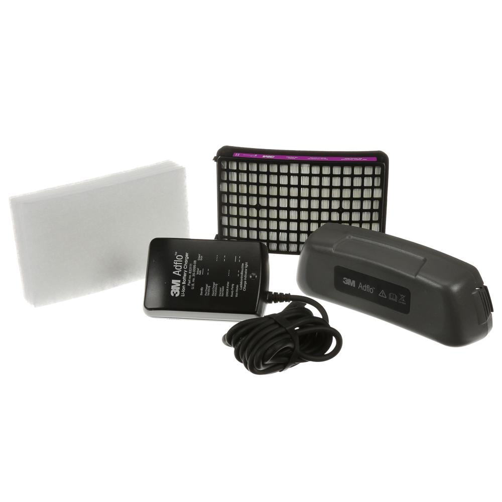 Trousse promotionnelle de pile de respirateur d’épuration d’air propulsé AdfloMC 3MMC, 35-1099-17, avec pile ion-lithium 3MMC, chargeur intelligent 3MMC, filtre à haute efficacité et préfiltres 3MMC