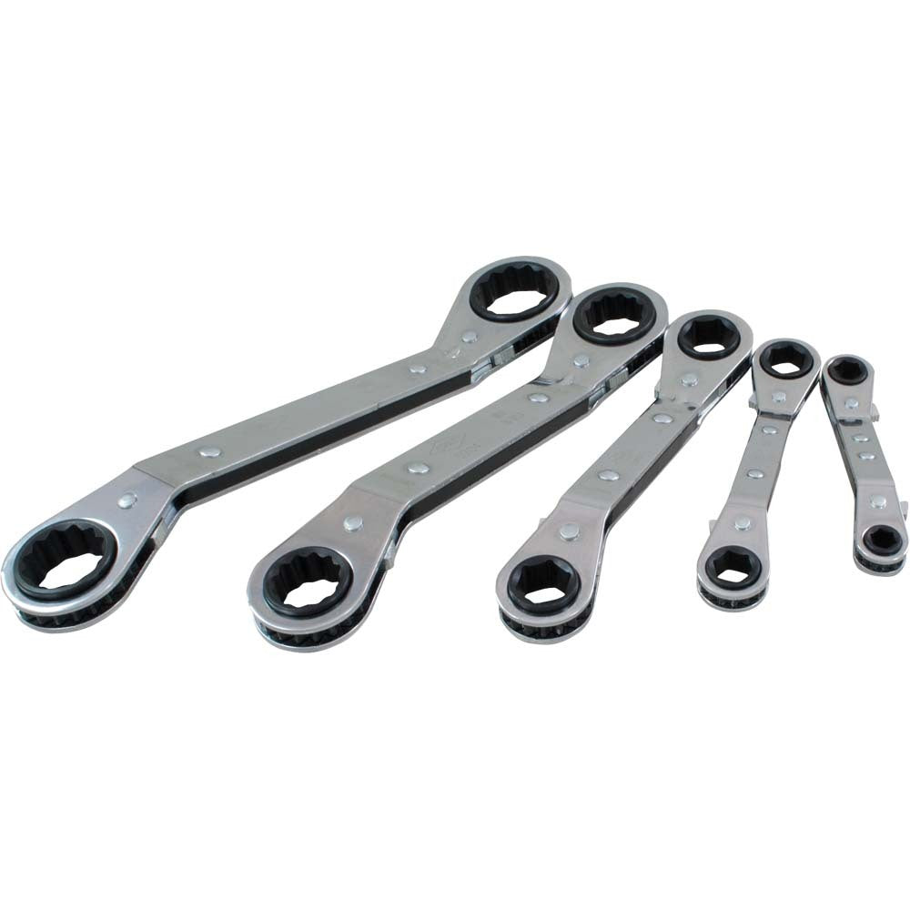 5 Piece 6 & 12 Point SAE Offset Ratcheting Box Wrench Set, 1/4" x 5/16" to 3/4" x 7/8", 25° Offset