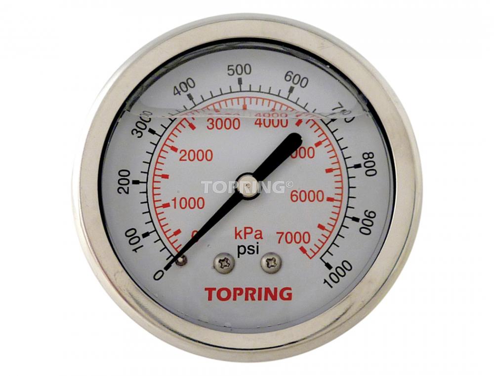Manomètre en inox avec glycérine 2-1/2 po 0 à 1000 PSI, 1/4 (M) NPT, CBM
