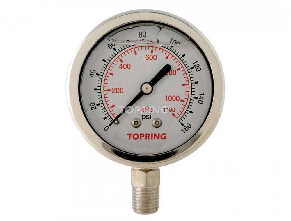 Manomètre rempli de liquide en acier inoxydable de 2 1/2 pouces avec glycérine, de 0 à 160 PSI, 1/4 (M) NPT, LM