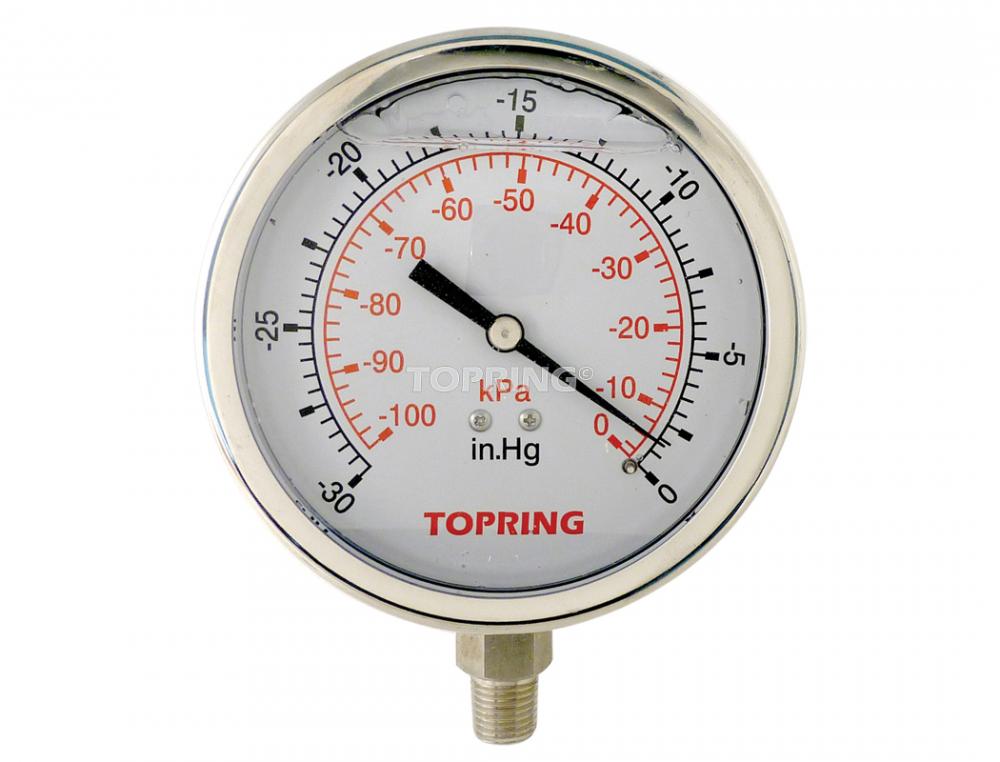 Manomètre en inox avec glycérine 4 po 30 Hg VAC, 1/4 (M) NPT, LM