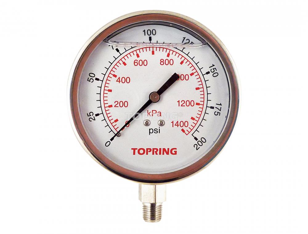 Manomètre en inox avec glycérine 2-1/2 po 0 à 200 PSI, 1/4 (M) NPT, LM