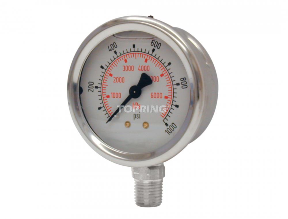 Manomètre en inox avec glycérine 4 po 0 à 1000 PSI, 1/4 (M) NPT, LM
