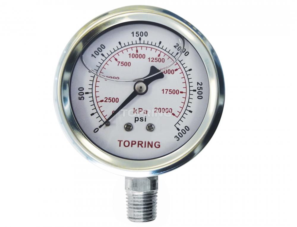 Manomètre en inox avec glycérine 4 po 0 à 3000 PSI, 1/4 (M) NPT, LM