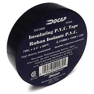 DOCAP Insulating Electrical Tape, PVC, 7mil x 3/4" x 66', 554-500B