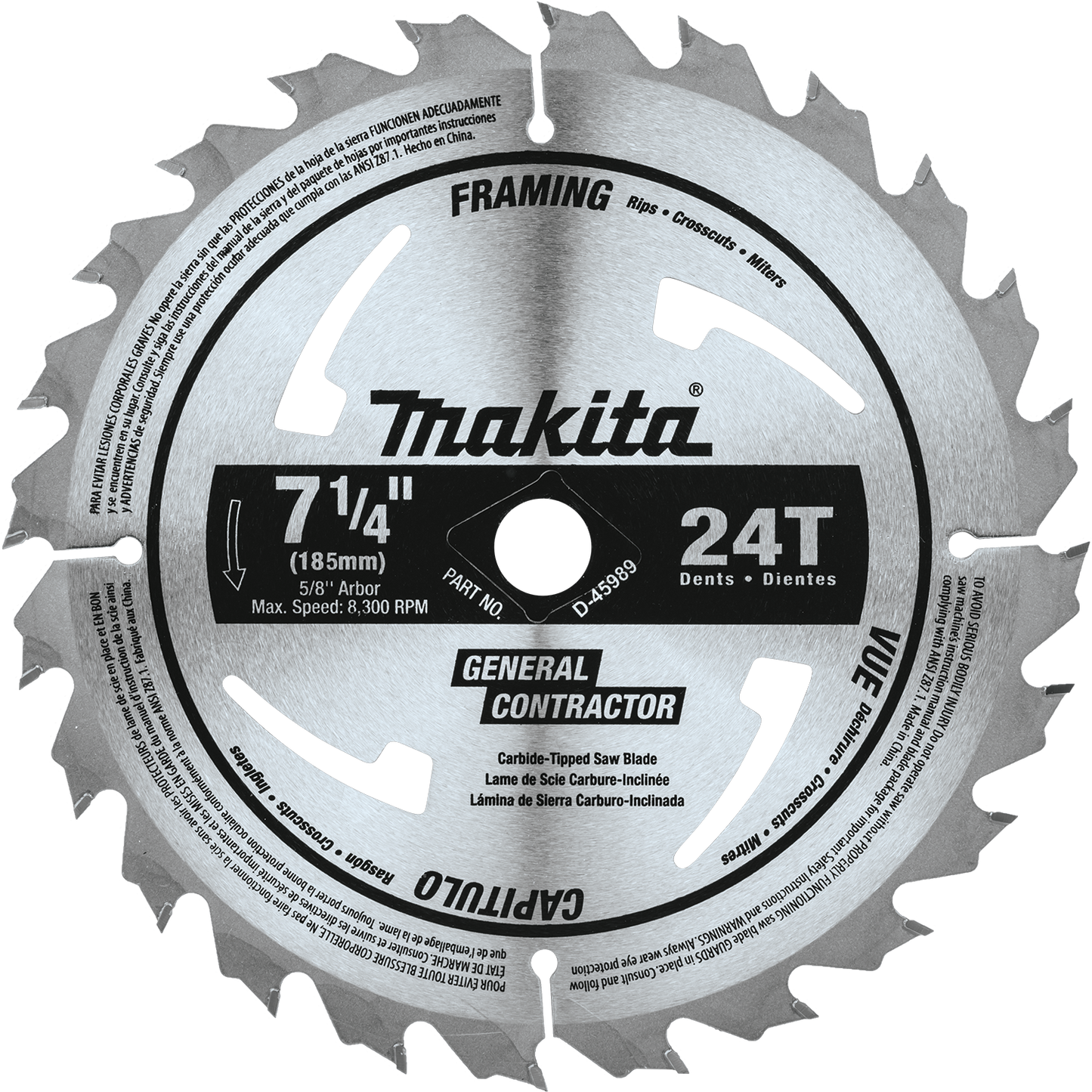 Makita D-45989 7-1/4" 24T Carbide-Tipped Circular Saw Blade for Framing and General Purpose