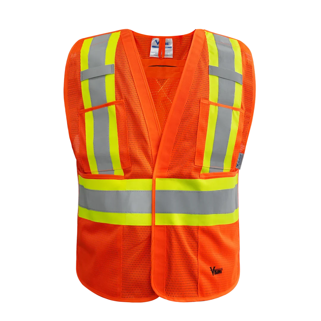 Viking® Hi-Vis 5pt. Tear Away Safety Vest, Orange, Soft Breathable Polyester, 4XL/5XL