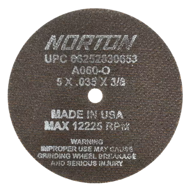 Cut-Off Wheel - 5 in Wheel Dia., 0.035 in Wheel Thickness, 3/8 in Center Hole Diameter, 60 Grit, Medium Grade, 12225 rpm