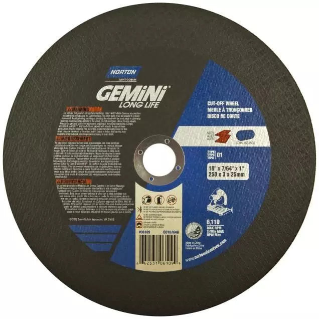 Gemini Cut-Off Wheel - 14 in Wheel Dia., 0.109 in Wheel Thickness, 1 in Center Hole Diameter, 4365 rpm