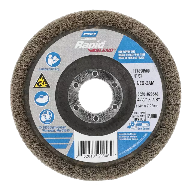 Disque de finition non tissé - Diamètre du disque de 4-1/2 po, oxyde d'aluminium, grain de 150 à 180, 12 000 tr/min, trou central de 5/8 à 11 po