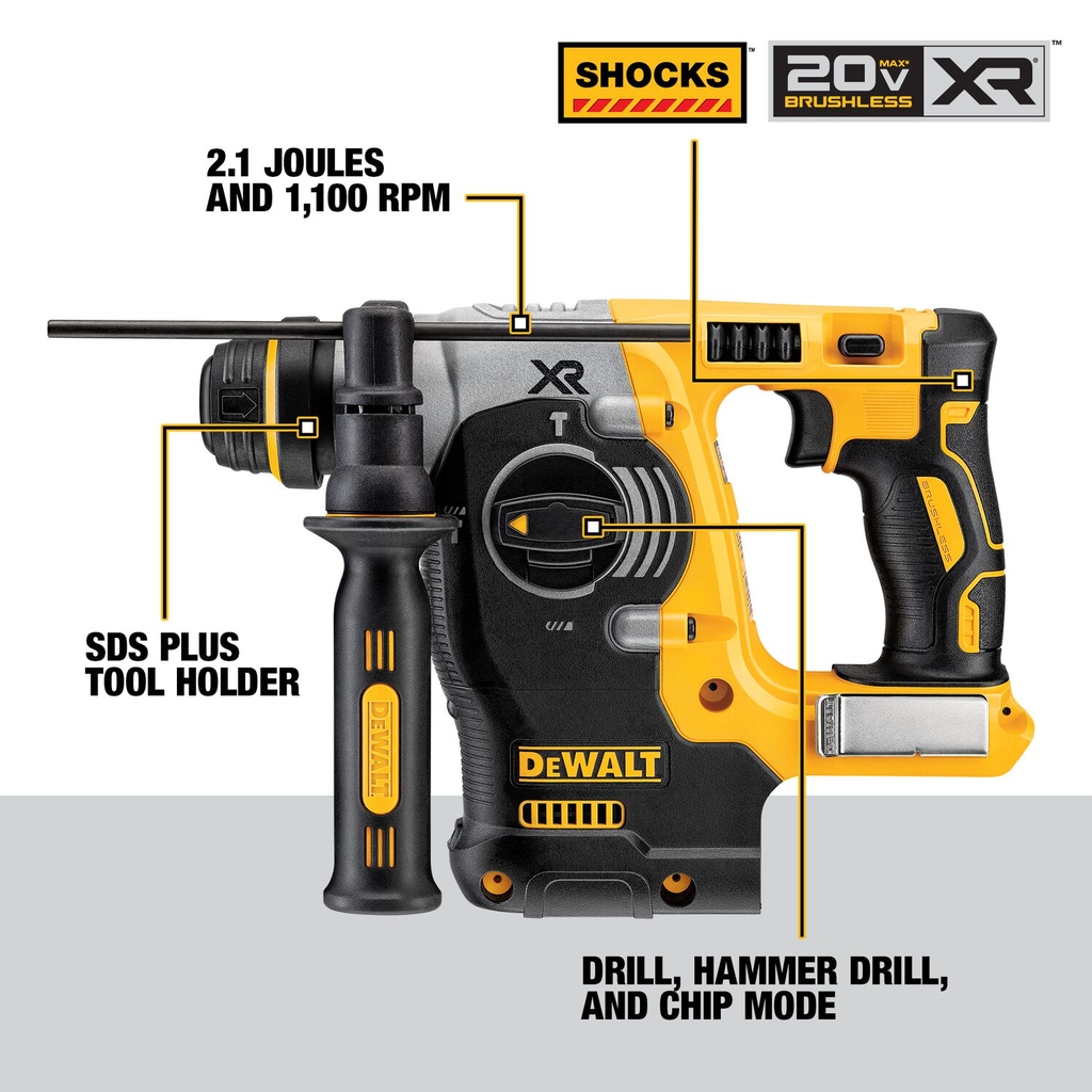 DEWALT 20V MAX* XR Brushless Cordless 1 In. SDS PLUS L-Shape Rotary Hammer (Tool Only)