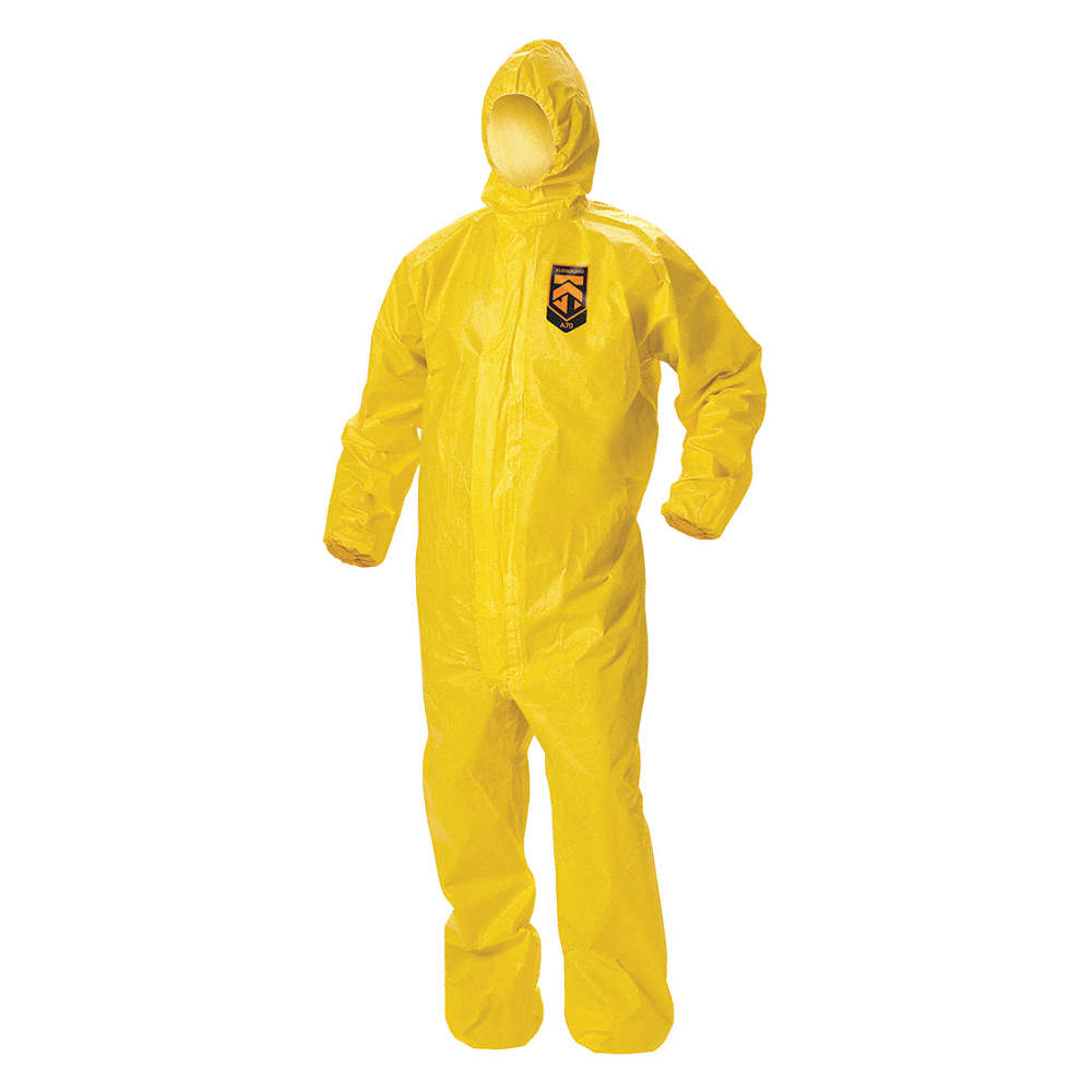 KleenGuard™ A70 Chemical Spray Protection Coveralls (09816), Zipper Front, Storm Flap, Elastic Wrists, Ankles & Hood, Yellow, Reflex Design, 3XL (Qty 12)