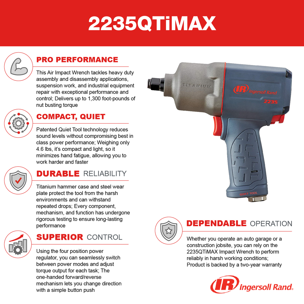 Air Impact Wrench, 1/2 In, Quiet, 1300 Ft-Lb Nut-Busting Torque, Pistol Grip