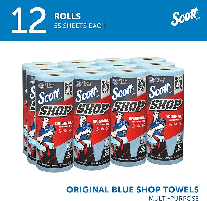 Scott® Shop Towels Original™ (75147), Original Blue Shop Towels, 9.4"x11" sheets (55 Towels/Roll, 12 Rolls/Case, 660 Towels/Case)
