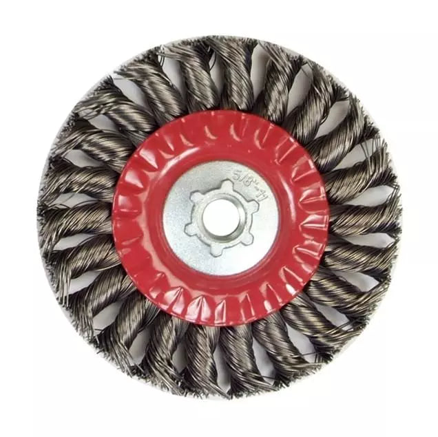 Brosse circulaire, 4-1/2 po de diamètre, face W 1/2 po, filament/fil à noeud standard/torsadé de 0,02 po de diamètre, trou d'arbre 5/8-11