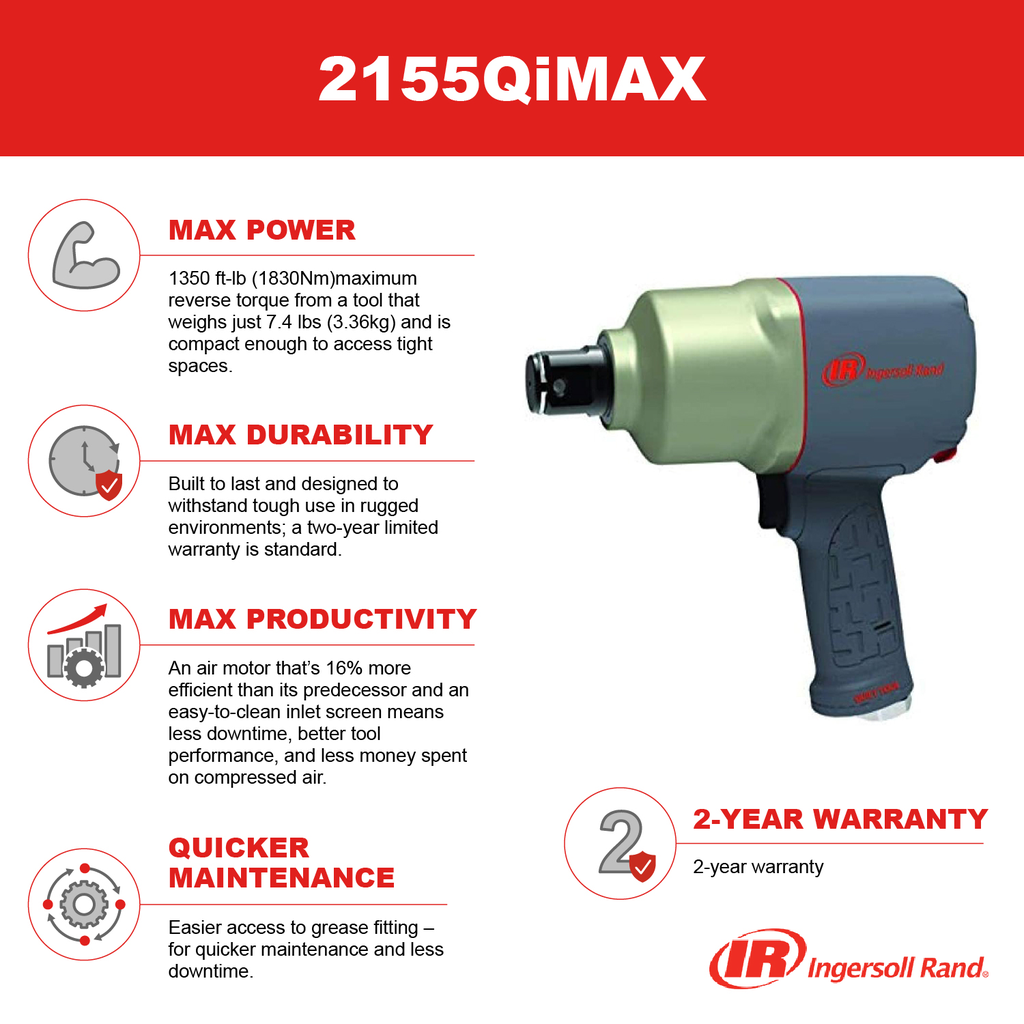 1" Air Impact Wrench Quiet 1700 Ft-Lbs Nut-Busting Torque Industrial Duty Pistol Grip