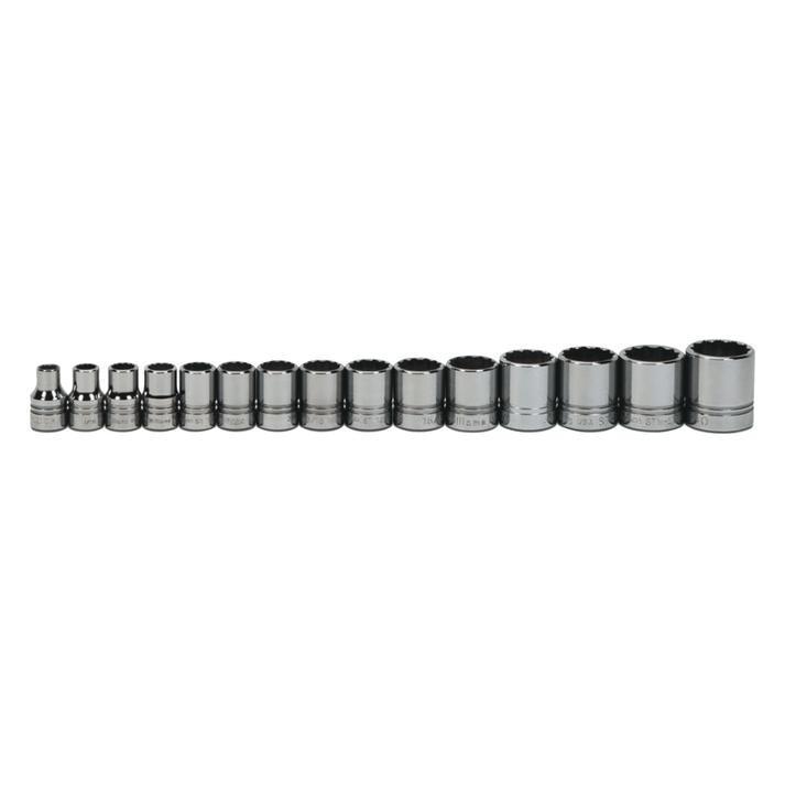 Jeu de 15 douilles peu profondes SAE à 12 pans, entraînement 1/2 pouce, sur rail avec clips