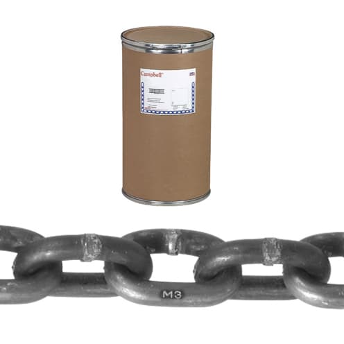 Chaîne à maillons Campbell, 1/8 po, Gr 30, en acier doux galvanisé, capacité de 400 lb, diamètre des maillons de 0,16 po, 1000 pi.