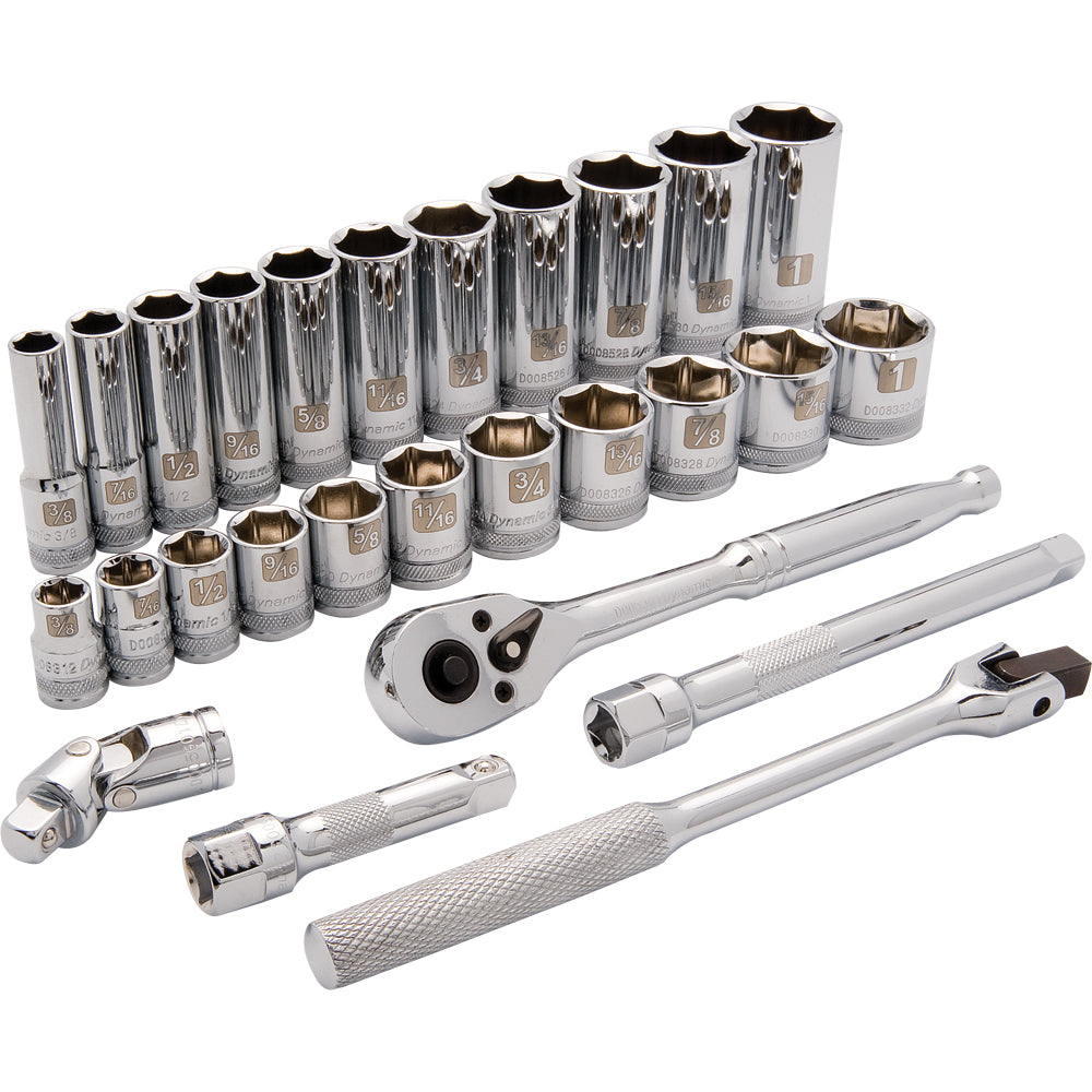 Jeu de douilles - entraînement 3/8", 27 pièces, 6 pans, SAE, standard/profonde