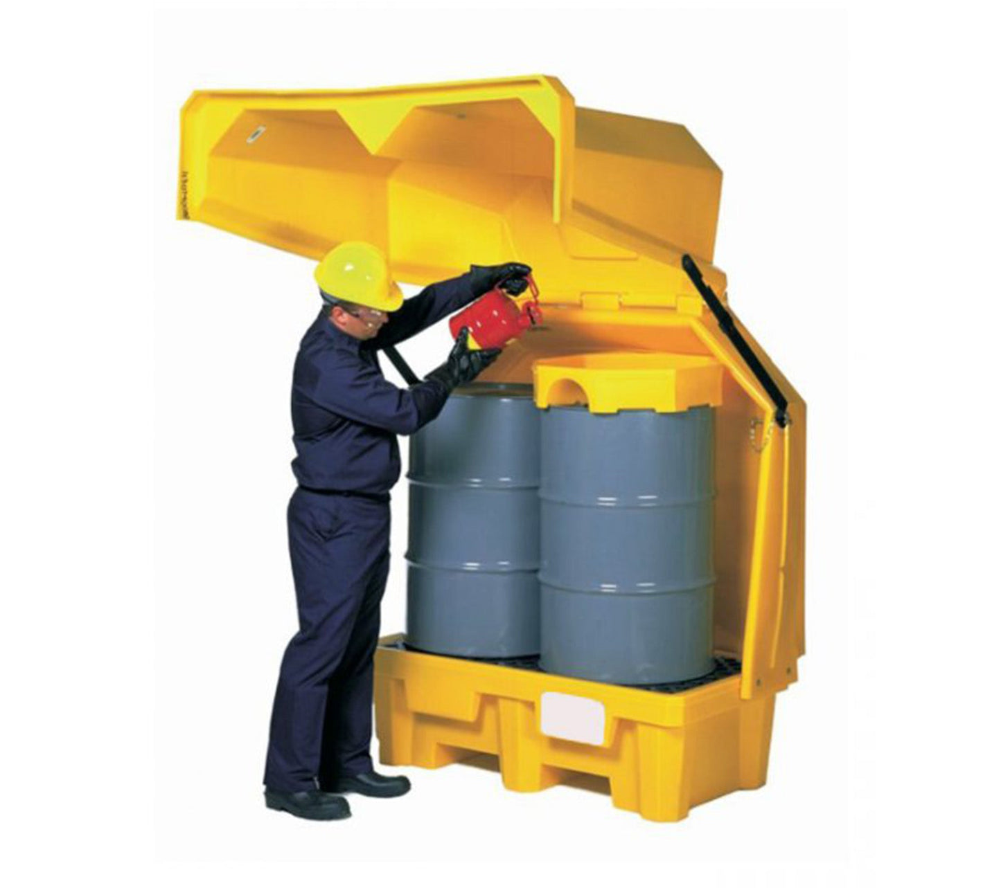 Hard-Top Spill Pallet, Yellow, Polyethylene, 57″ X 54″ X 64.5″, Fits 4 Drums