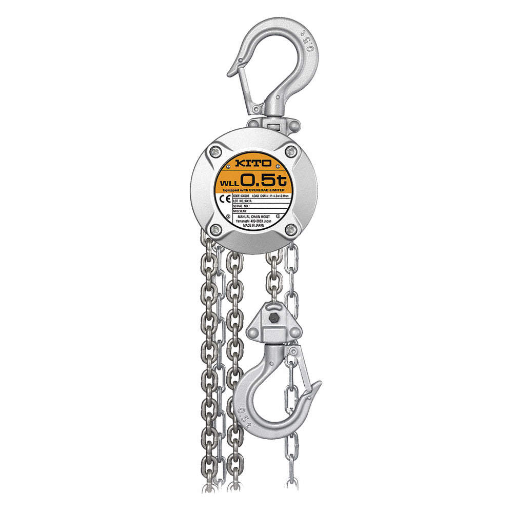 Manual Chain Hoist, Hook Mounted - No Trolley, Aluminum, 1000 lb Capacity, 5ft Lift