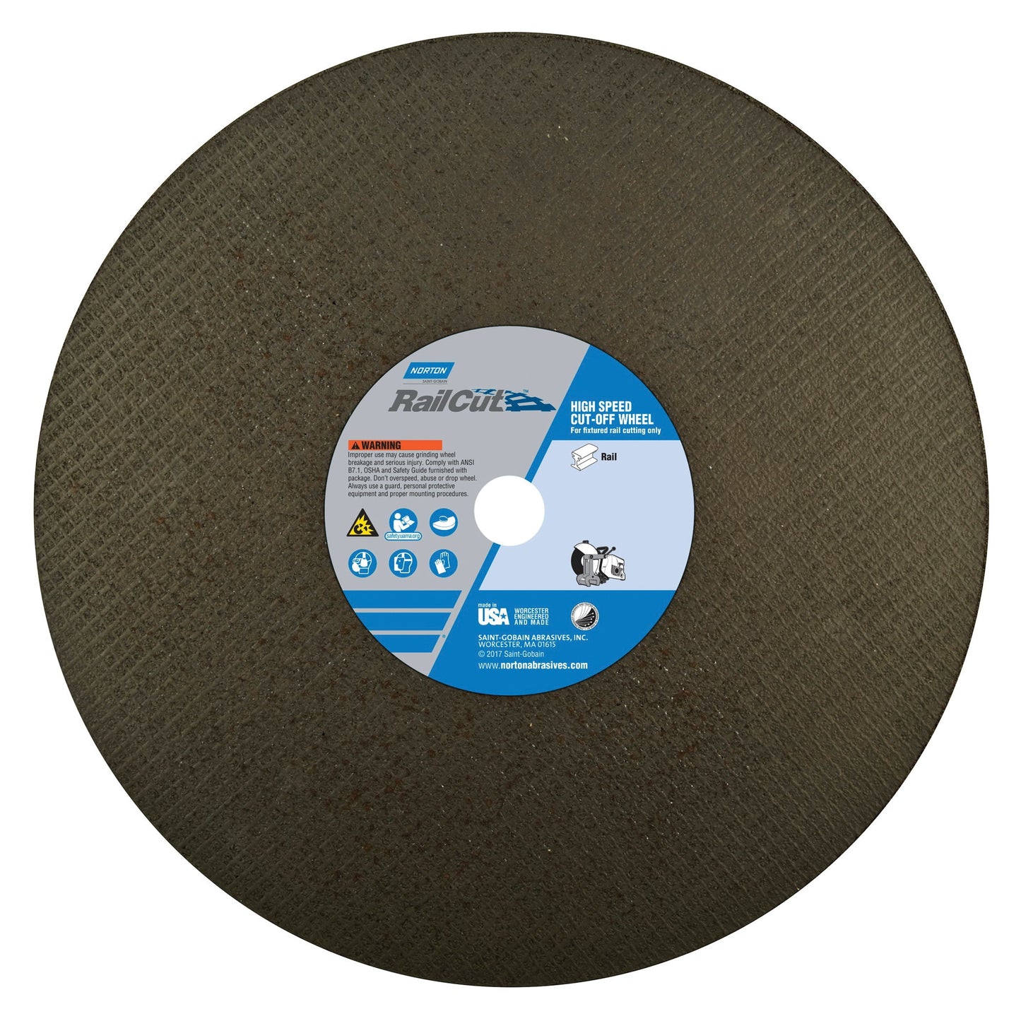 Disque à tronçonner type 01/41 4NZ, 16 po de diamètre x 1/8 po d'épaisseur, trou central 1 po, grain 30, abrasif en alumine de zircone