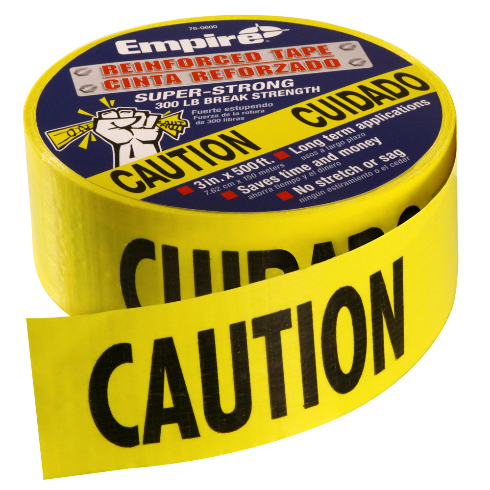 Empire® Reinforced Barricade Tape - Caution/cuidado, Yellow, 7mm, 3''x 500', 4/PK