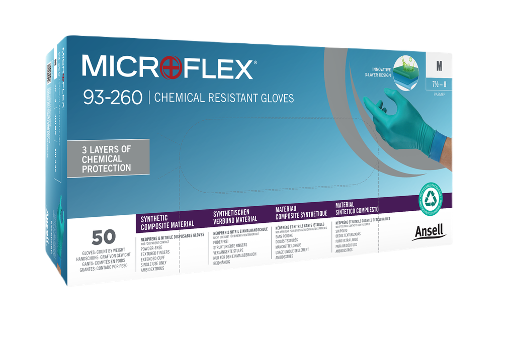 MICROFLEX Chemical Resistant Disposable Glove, Nitril, 93260 Size L (8.5-9.0), 50/bx
