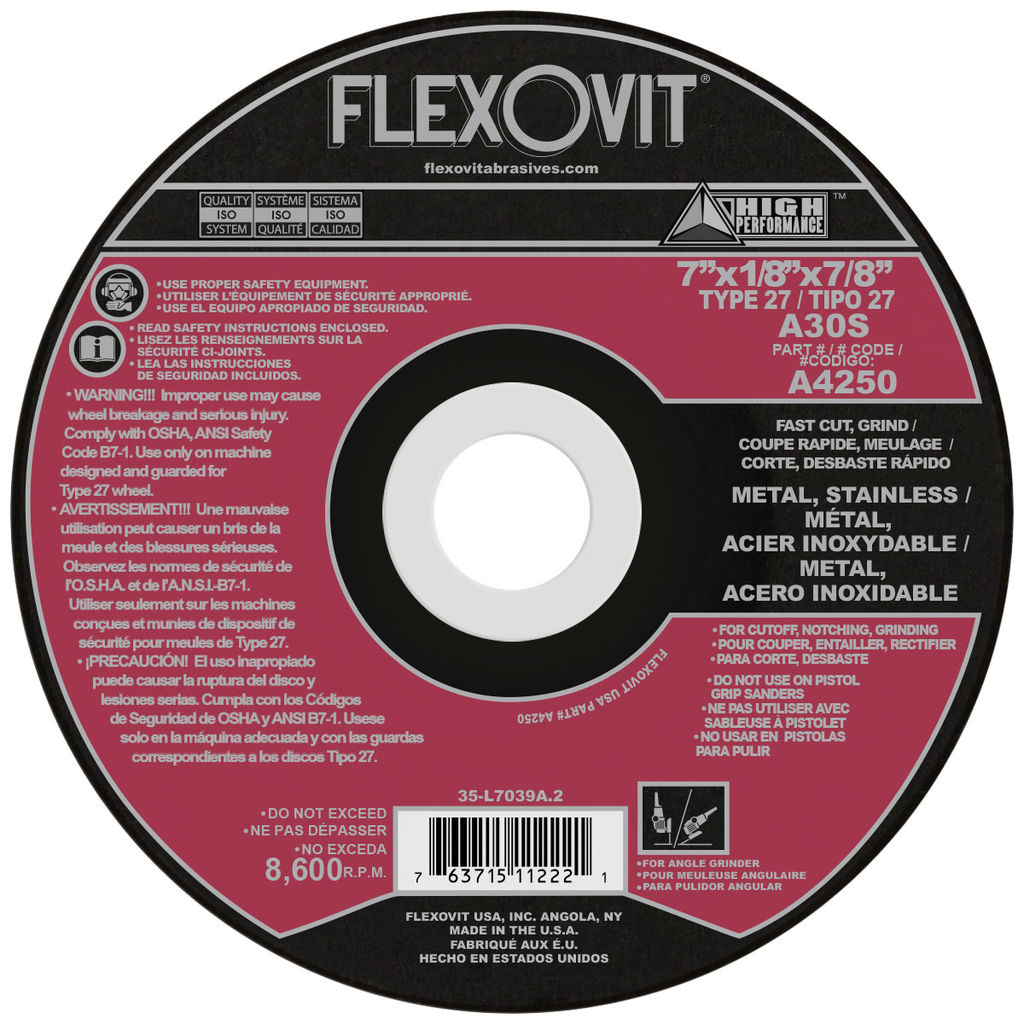 Flexovit 7" X 1/8" X 7/8" High Performance 30 Grit Aluminum Oxide Grain Reinforced Type 27 Depressed Center Combination Wheel