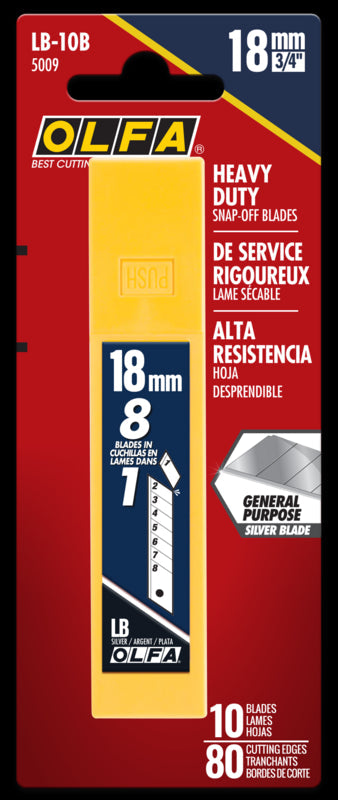 Olfa Snap Blade Lb, Carbon Steel, Silver, 18mm, 8 Segments, 10/Pk