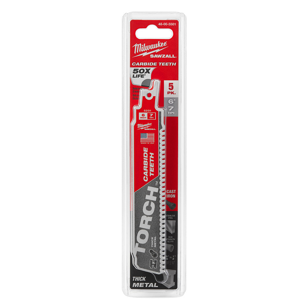 Lame de scie alternative SAWZALL pour coupe de métal à dents en carbure THE TORCH de 6 po, 7 TPI - 1 paquet