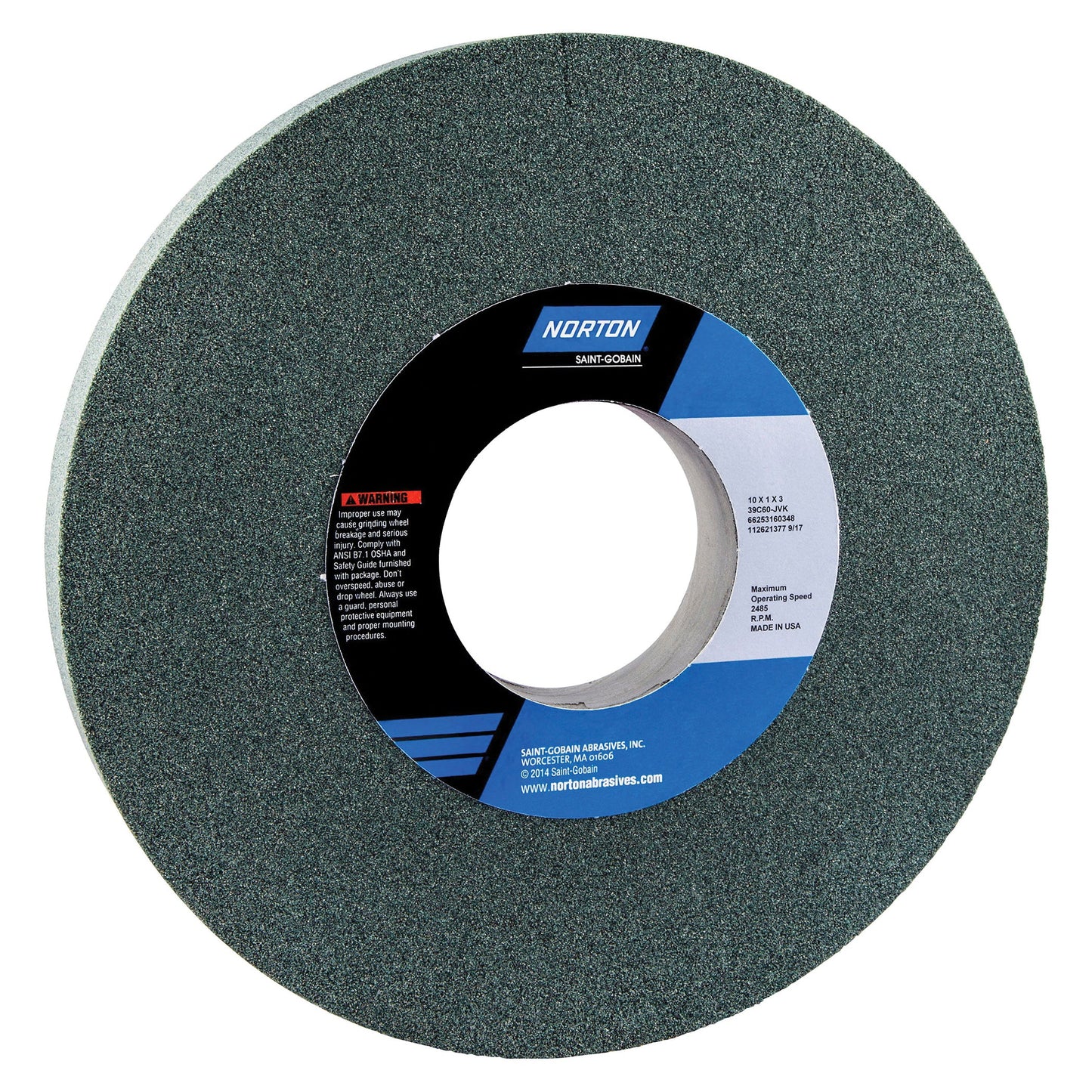 Straight Toolroom Wheel, 10 in Dia x 1 in THK, 3 in Center Hole, 60 Grit, Silicon Carbide Abrasive