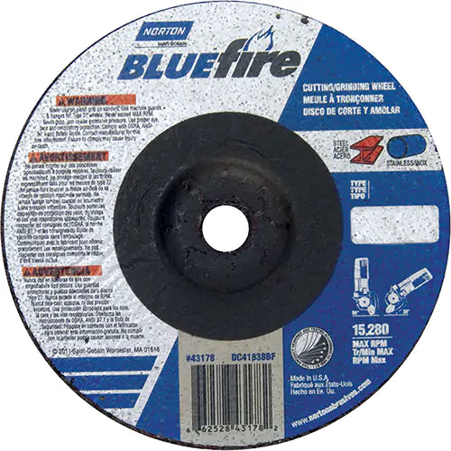 Meule de meulage BlueFire® - 9 po x 1/8 po, alésage de 7/8 po, oxyde d’aluminium/zirconium, type 27