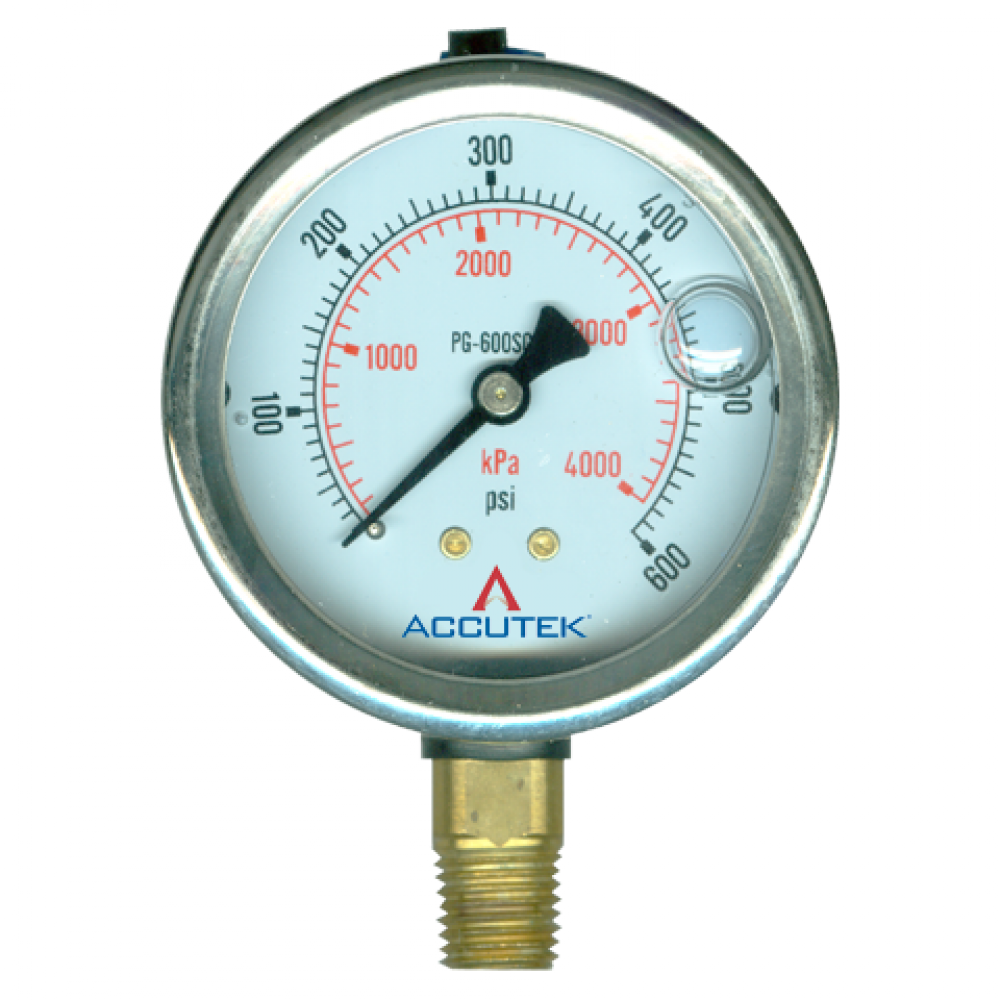 Liquid Filled Pressure Gauge With Stem Mount & 2.5 Dial, 0-600 PSI