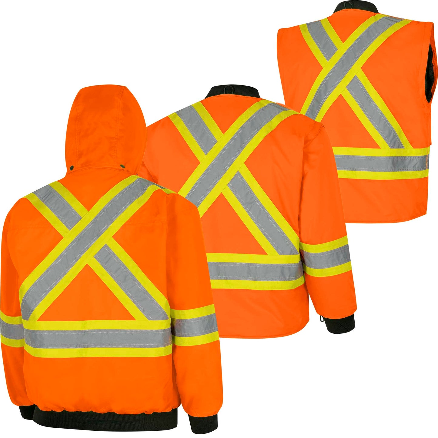 Hi-Vis Waterproof 7-in-1 Safety Bomber Jackets, Orange/Black, SZ: 2XL