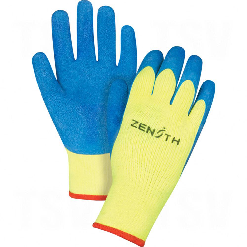 High Visibility Coated Gloves, 10/X-Large, Yellow/Blue, Rubber Latex Coating, 7 Gauge, Terry Shell