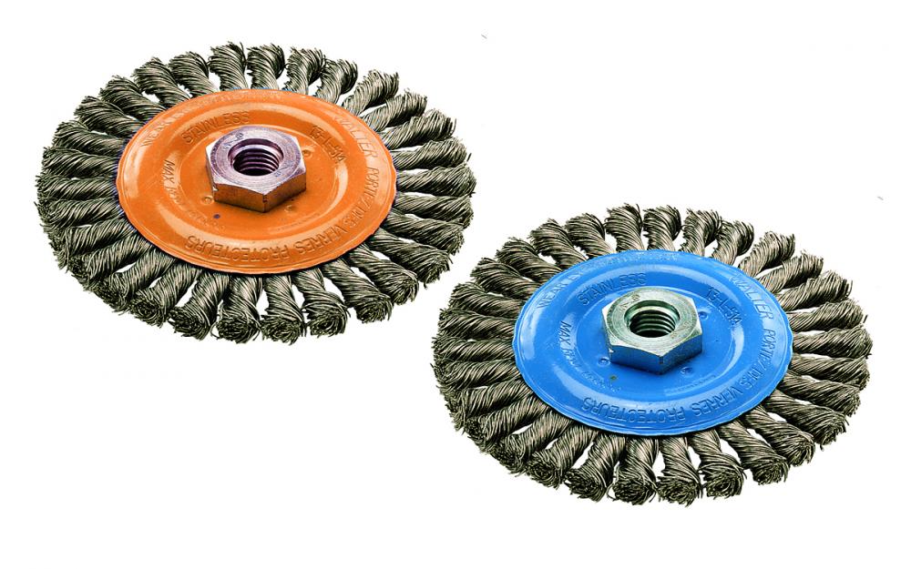 Wide Wheel Brush With Knot-twisted Wires, 4-1/2 In. X 5/8in.-11 In. X 1/4 In. Wire: .020in.