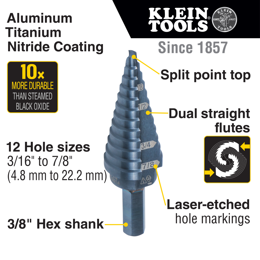 12-Step Drill Bit 3/8-Inch Hex Double Straight Flute 3/16-Inch To 7/8-Inch