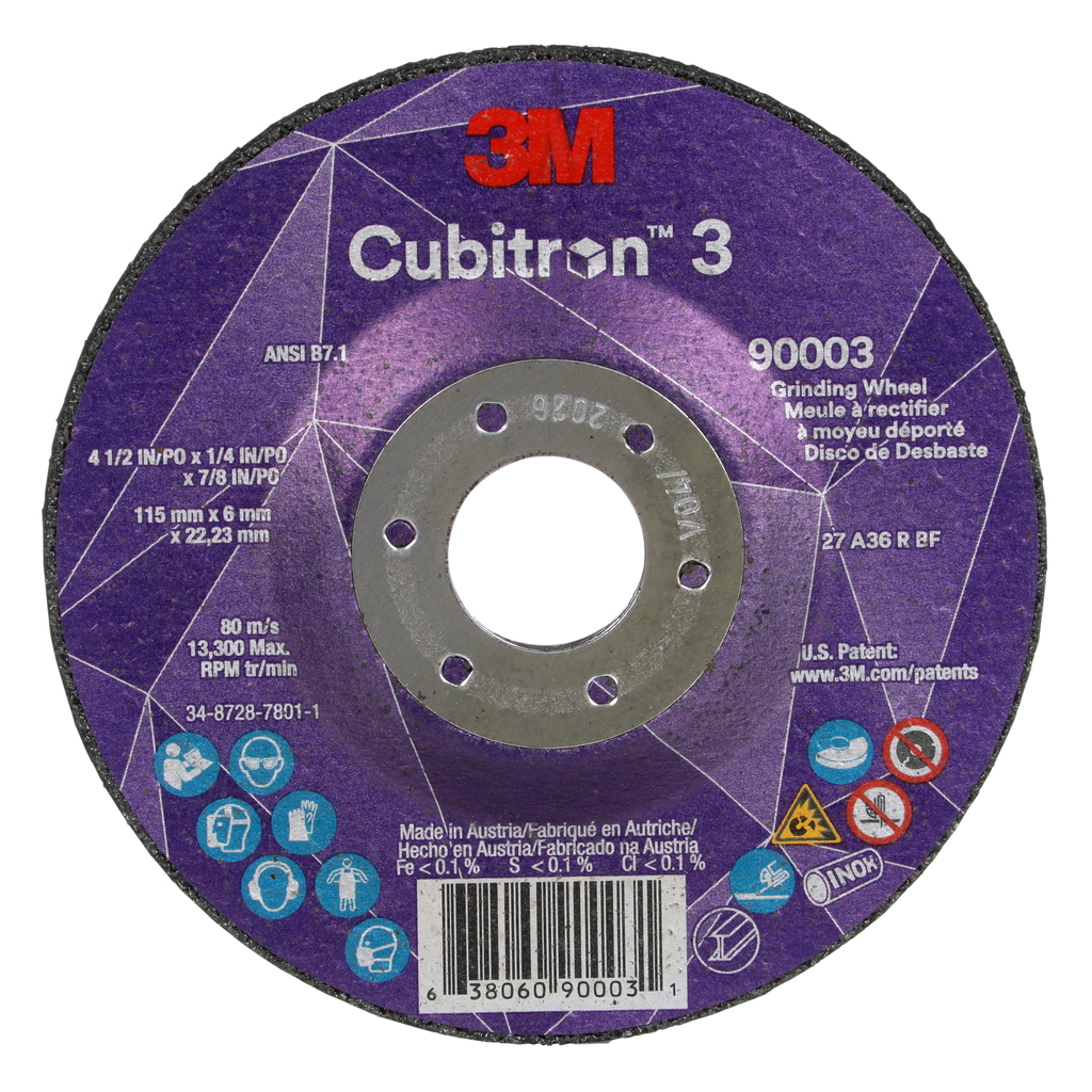 3M™ Cubitron™ 3 Depressed Center Grinding Wheel 90003 36+ T27 4-1/2 In × 1/4 In × 7/8 In (11x6x22.23) ANSI 10/Pack 20 Ea/Case