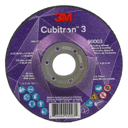 3M™ Cubitron™ 3 Depressed Center Grinding Wheel 90003 36+ T27 4-1/2 In × 1/4 In × 7/8 In (11x6x22.23) ANSI 10/Pack 20 Ea/Case