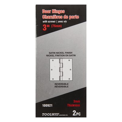 Door Hinge 3in x 3in x 2mm, Square Corner, Satin Nickel Steel, 2pc