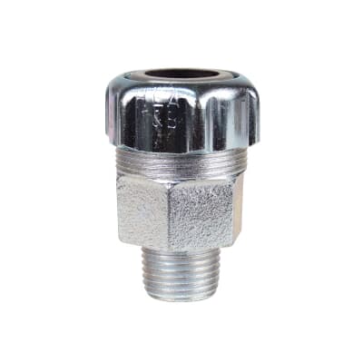 Watertight fitting made of malleable iron with a hub thread size of 1/2 inch Cable Jacket outside diameter is 0.75 to 0.885 inch.