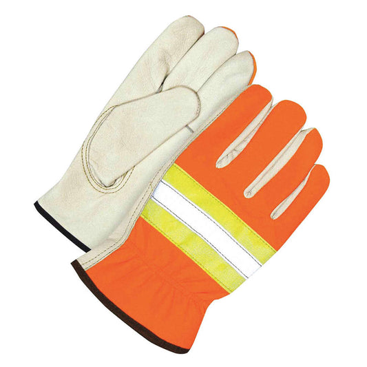 High-Visibility Orange Cowhide Leather Operator Gloves with Spandex Back Size L